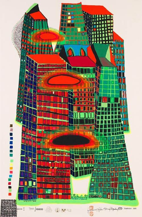 Hundertwasser - Good Morning City - Bleeding Town - series MM - 1969 color screenprint